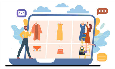 Male and female characters are shopping online together on laptopのイラスト素材