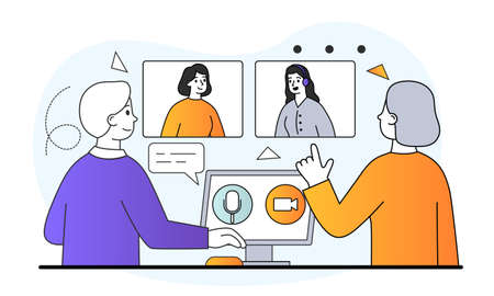 Male and female characters connecting with other people online togetherのイラスト素材