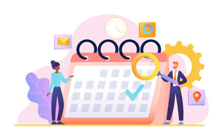 Male and female characers standing near calendar with magnifierのイラスト素材