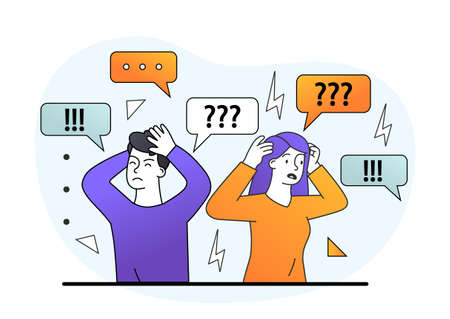 Sad young male and female characters are covering ears with hands to stop information noiseのイラスト素材