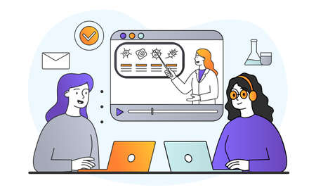 Smiling female character are studying online together on laptopsのイラスト素材
