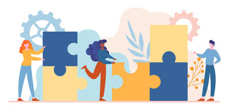 Young male and female characters are connecting pieces of puzzles togetherのイラスト素材
