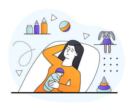 Tired female character with postnatal depression laying down in hospital with babyのイラスト素材
