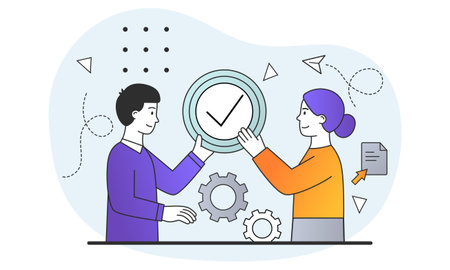 Young male and female characters are holding completed task icon together in handsのイラスト素材