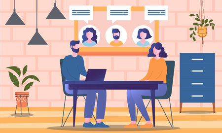 Male and female characters are talking to coworkers remotely online via video callのイラスト素材