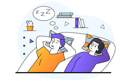 Angry female character is suffering from insomnia because of snoring man in bedのイラスト素材