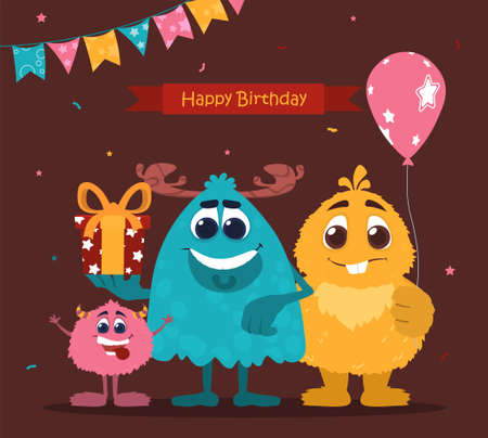 Colorful birthday card template with cute smiling monsters on brown backgroundのイラスト素材