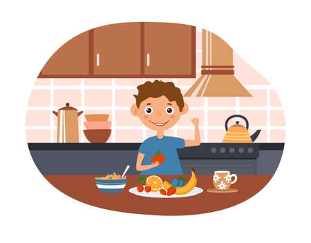 Cute little boy is eating fruits and showing his strength in the kitchenのイラスト素材
