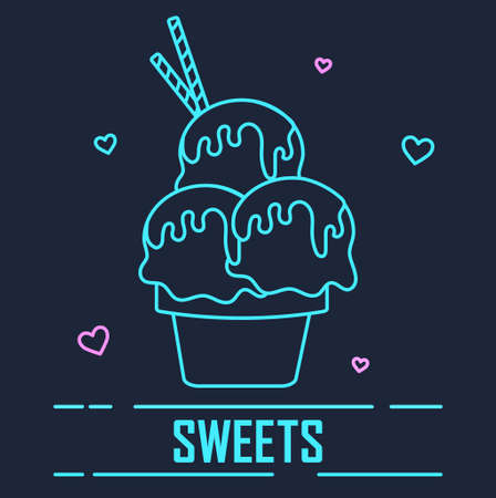 Cute neon linear design illustration of dessert topic on dark backgroundのイラスト素材