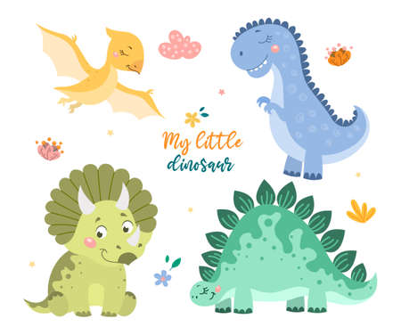 Childish set with cute baby dino collection on white backgroundのイラスト素材