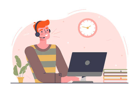 Young smiling male character studying remotely on computer at homeのイラスト素材