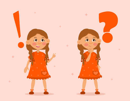 Little female character is standing near exclamation and question markのイラスト素材