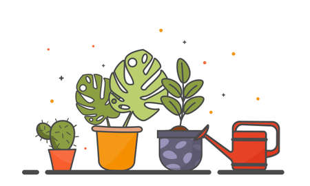 Potted plants with watering can on gray backgroundのイラスト素材