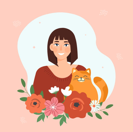 Smiling brunette female character with cute cat and flower decoration on pink backgroundのイラスト素材