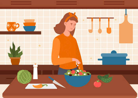 Happy female character is cooking dietary vegetarian salad in the kitchenのイラスト素材
