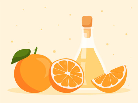 Orange essential oil in glass bottle and fresh oranges on pastel yellow backgroundのイラスト素材