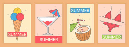 Set of cute summer time essential elements on pastel backgroundのイラスト素材