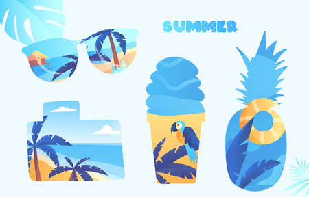 Set of cute summer time essential elements on white backgroundのイラスト素材