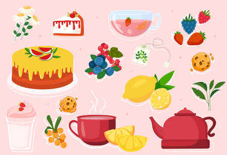 Set of cute teatime elements on pink backgroundのイラスト素材
