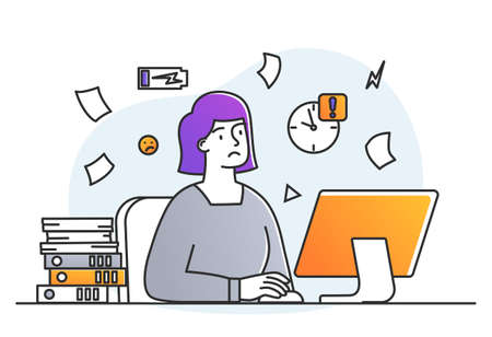 Tired stressed business female character in the office at her workplaceのイラスト素材