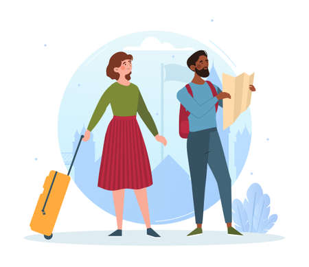 Male and female tourists are exploring new places with luggageのイラスト素材