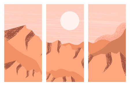 Set of abstract mountain landscape poster with full moonのイラスト素材