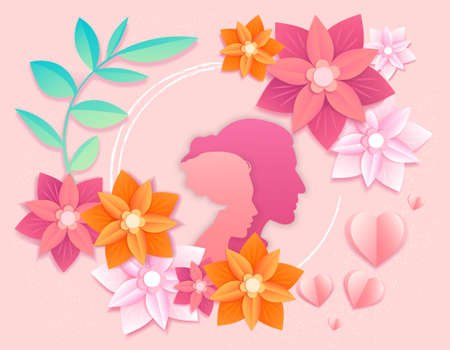 Colorful happy mothers day paper cut card template background of mom with child son and colorful spring natureのイラスト素材
