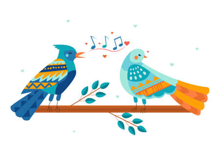 Cute colorful bird is singing a love song to another bird on the branchのイラスト素材