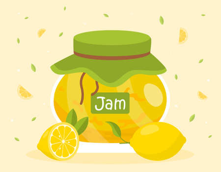 Cute glass jar full of lemon jam on yellow backgroundのイラスト素材