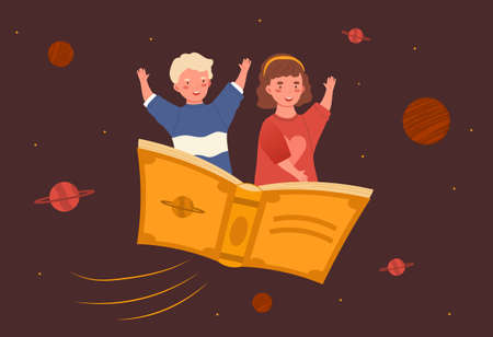 Two little happy kids are flying on the book on brown backgroundのイラスト素材