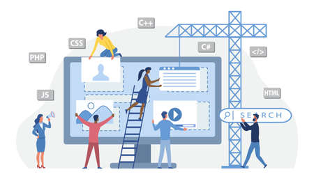 Group of male and female characters are developing a website by filling it with design informationのイラスト素材