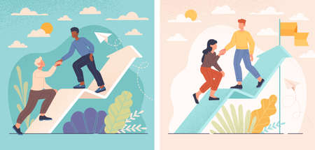 Goal-focused male and female characters are helping each other to climb upのイラスト素材