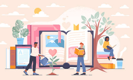 Young male and female characters are reading books in outdoor library togetherのイラスト素材