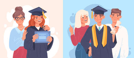 Happy male and female students are celebrating graduation in robe standing together with mom and dadのイラスト素材