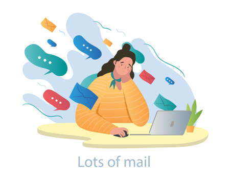 Young stressed female characters is overloaded with work mail on white backgroundのイラスト素材