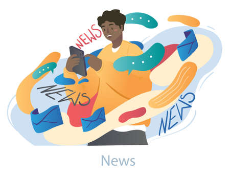 Young dazed male characters is stressed over news on smartphone on white backgroundのイラスト素材