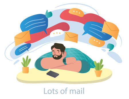 Male characters under stress is overloaded with work mail letters on white backgroundのイラスト素材