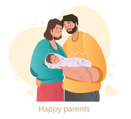 Cute mother and father are holding newborn baby on white backgroundのイラスト素材