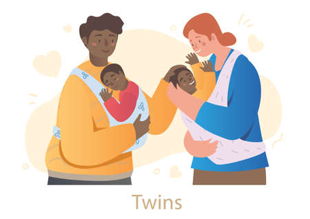 Male and female characters are holding newborn twins in slings on white backgroundのイラスト素材