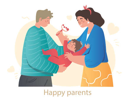 Smiling mother and father are playing with newborn baby on white backgroundのイラスト素材