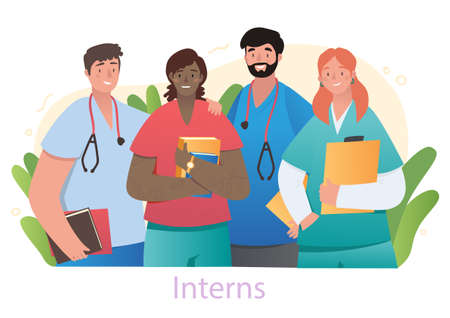 Smiling male and female medical school interns are standing together in lab on white backgroundのイラスト素材