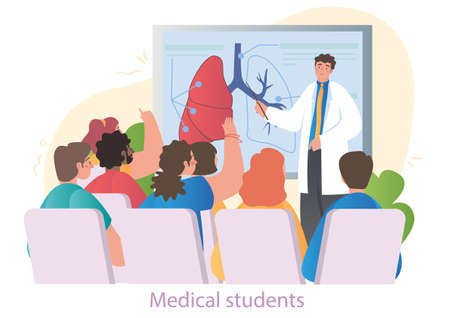 Male and female medical school students on a lecture together on white backgroundのイラスト素材