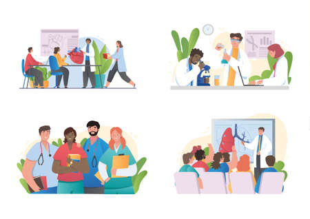 Set of scenes with male and female medical students in lab on white backgroundのイラスト素材