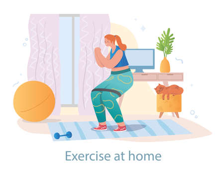 Happy female character is doing exercises alone with equipment at home on white backgroundのイラスト素材