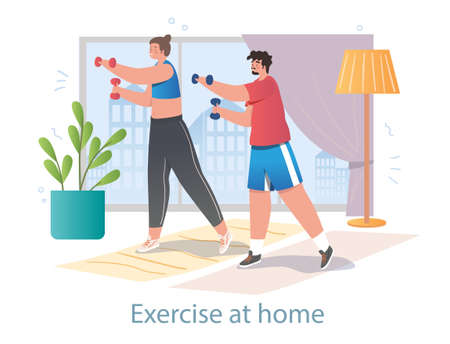 Cute young couple is doing exercises together at home with dumbbells on white backgroundのイラスト素材