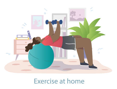 Active female character is working out alone at home with her own equipment on white backgroundのイラスト素材
