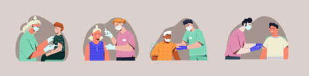 Set of male and female nurses vaccinating people with injection to prevent from diseases and virusesのイラスト素材