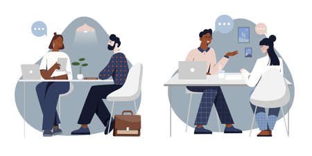 Set of scenes with male and female characters on job interviewのイラスト素材