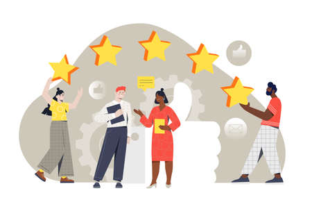 Young male and female characters are standing together and setting rating on white backgroundのイラスト素材