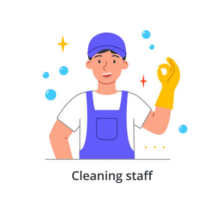 Smiling male cleaning company staff member is showing okay gesture in gloves on white backgroundのイラスト素材